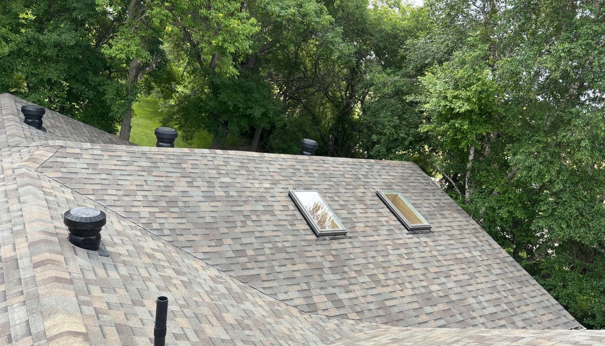 Completed roof with dual skylights surrounded by green canopy